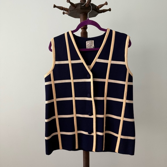 Jackets & Blazers - Vintage Neusters Navy Grid Vest Cream Trim Button Front Size L